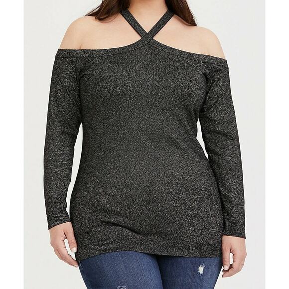 Torrid NWT Black Metallic Cross Neck Cold Shoulder Top - 1 (1X) - Women's Plus - Picture 7 of 7